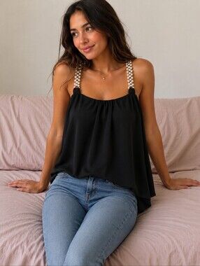 Poetry Black Camisole with Pearl-Beaded Straps